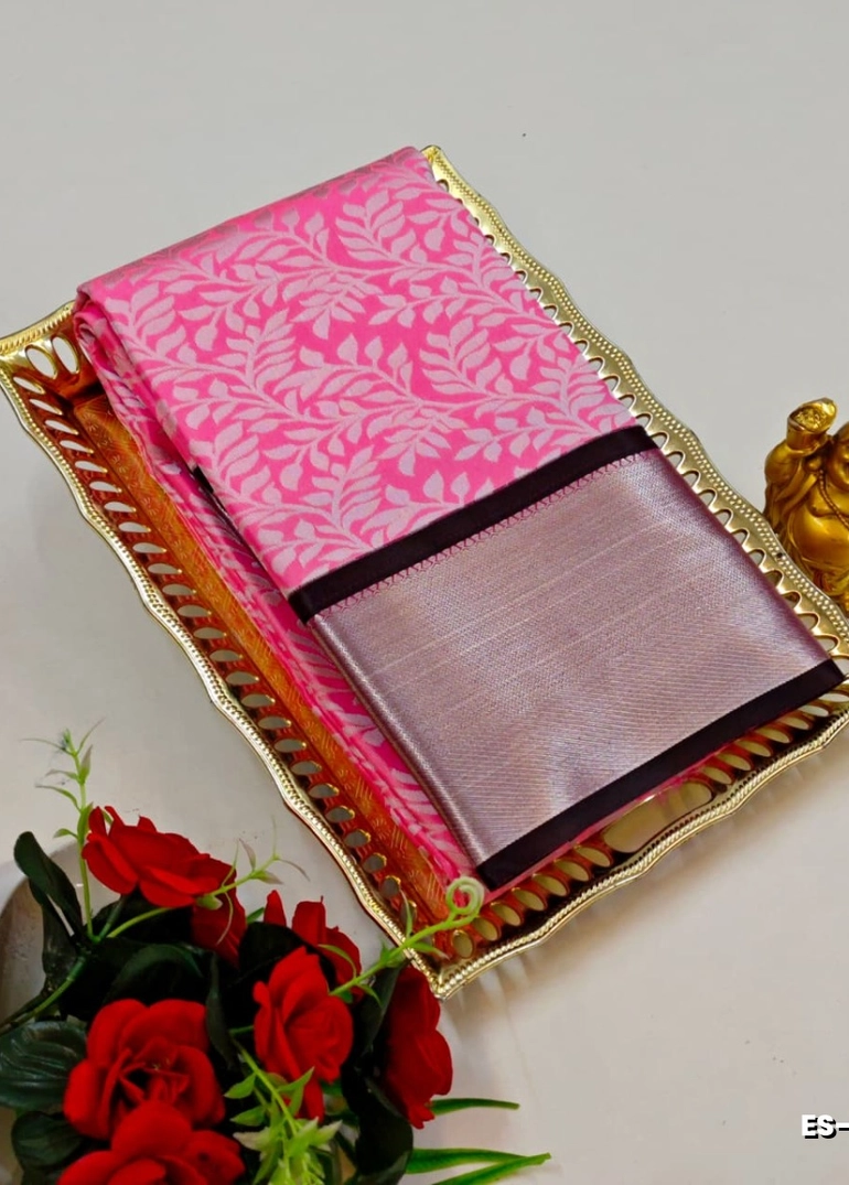 Bridal silk gold silvar and copper zari weave and wedding art silk sarees - light pink